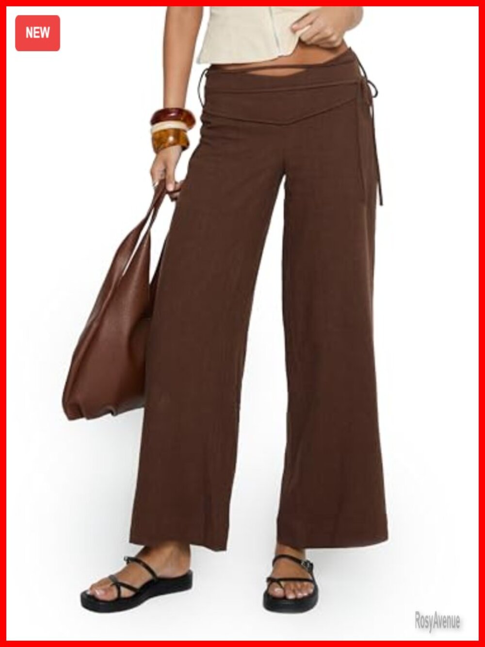 Linen Blend Tie Pants Mid-Rise Wide Leg Trouser Relaxed Fit